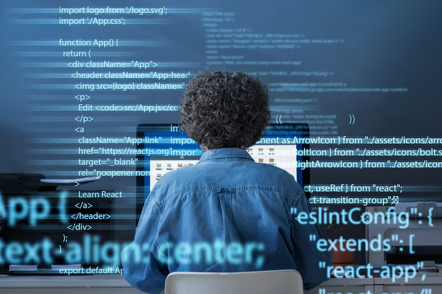 a person working on a computer with programming codes on a programming background
