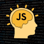 silhouette of a head with JS logo on the background of the code
