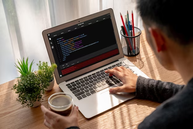 A person holding a coffee cup while coding on a laptop